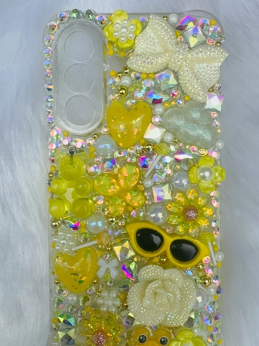 Decorative Yellow Bling Phone Case with Pearls & Rhinestones